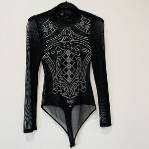 Iris Juniors Mesh Studded Bodysuit Long Sleeve Black Size Sm-Med Bodysuit Sheer
